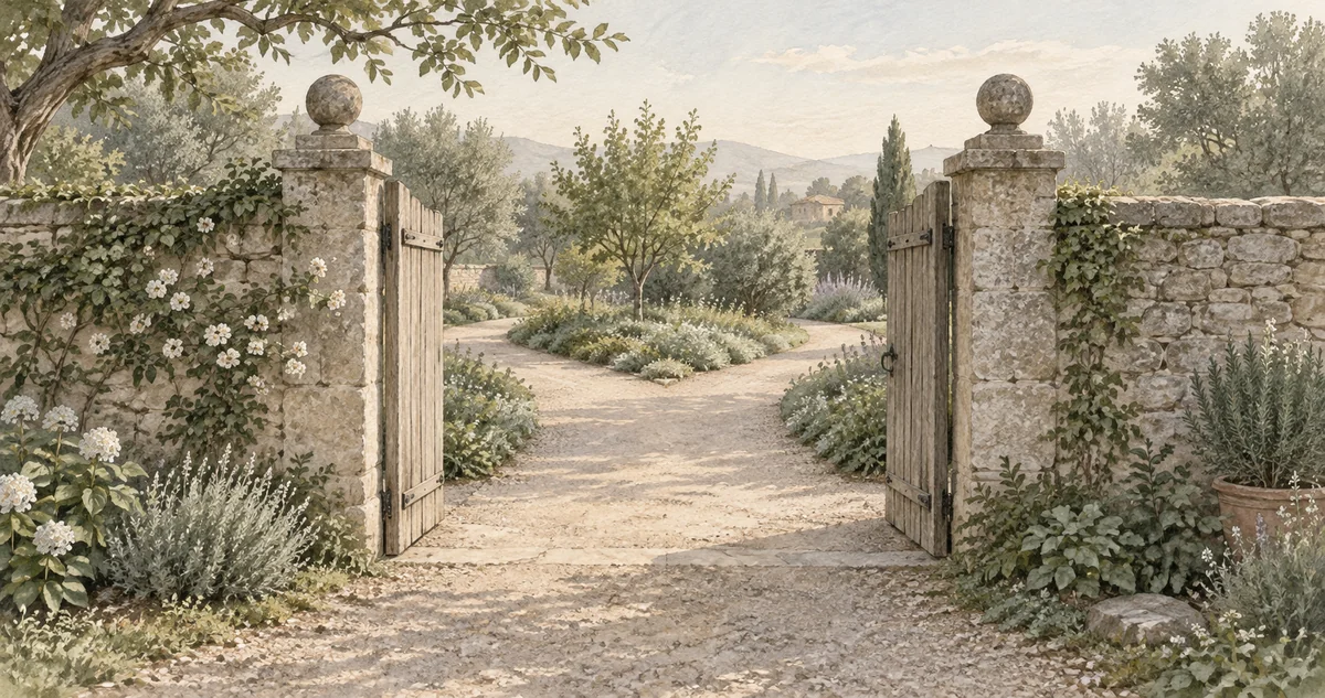 An open wooden garden gate leads to two paths around a planted garden.