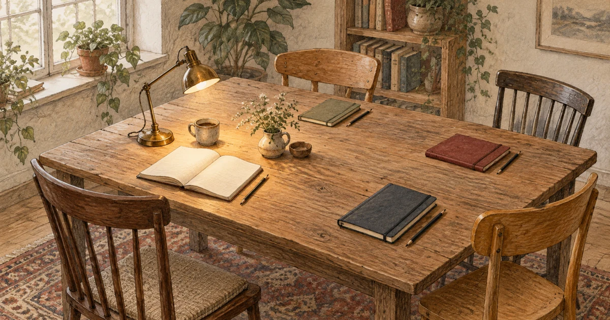 A lamp illuminates one open notebook on a shared wooden table, with three closed notebooks and chairs around it.