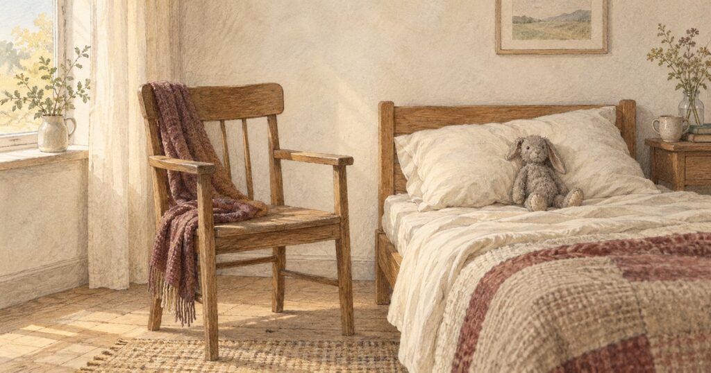 An empty wooden armchair beside a bed, with a grey stuffed rabbit resting against the pillow, drawn in pencil and soft watercolour.