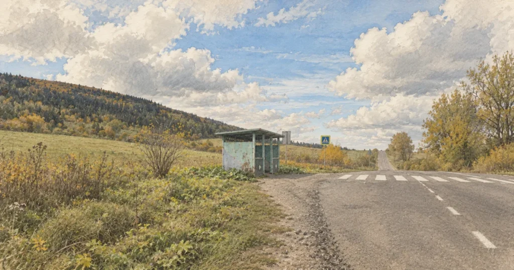Pencil-and-watercolour illustration of an empty turquoise bus shelter beside a rural Ukrainian road, under a cloudy sky.