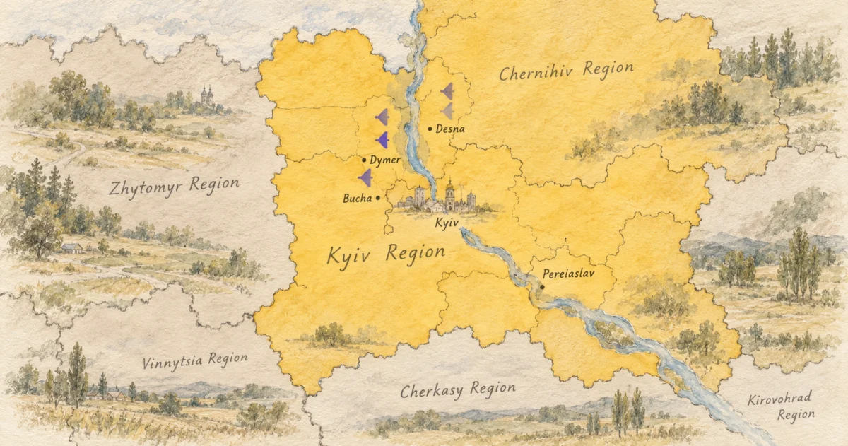 Hand-drawn interpretation of an earlier air-alert map around Kyiv, with regional boundaries and drone markers.