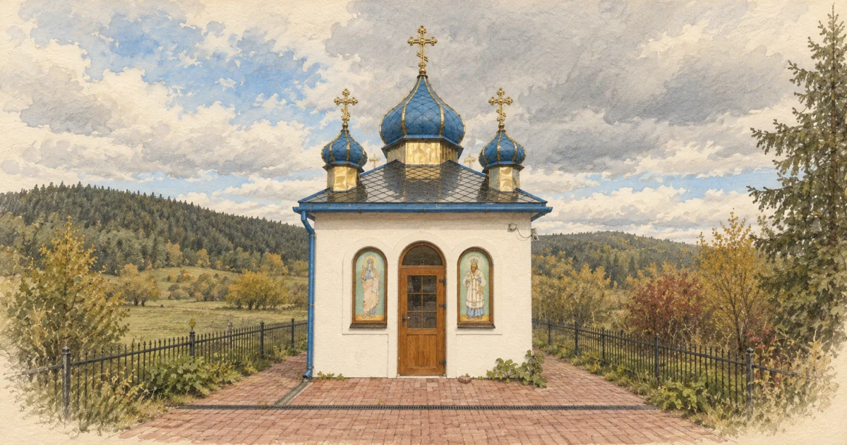 Pencil-and-watercolour illustration of a small white roadside chapel with blue domes and golden crosses.