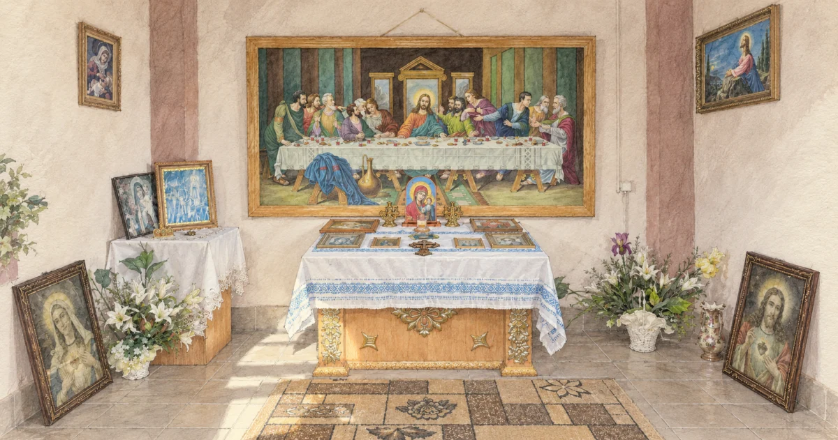Pencil-and-watercolour illustration of the chapel's altar, embroidered cloth, flowers and religious icons.