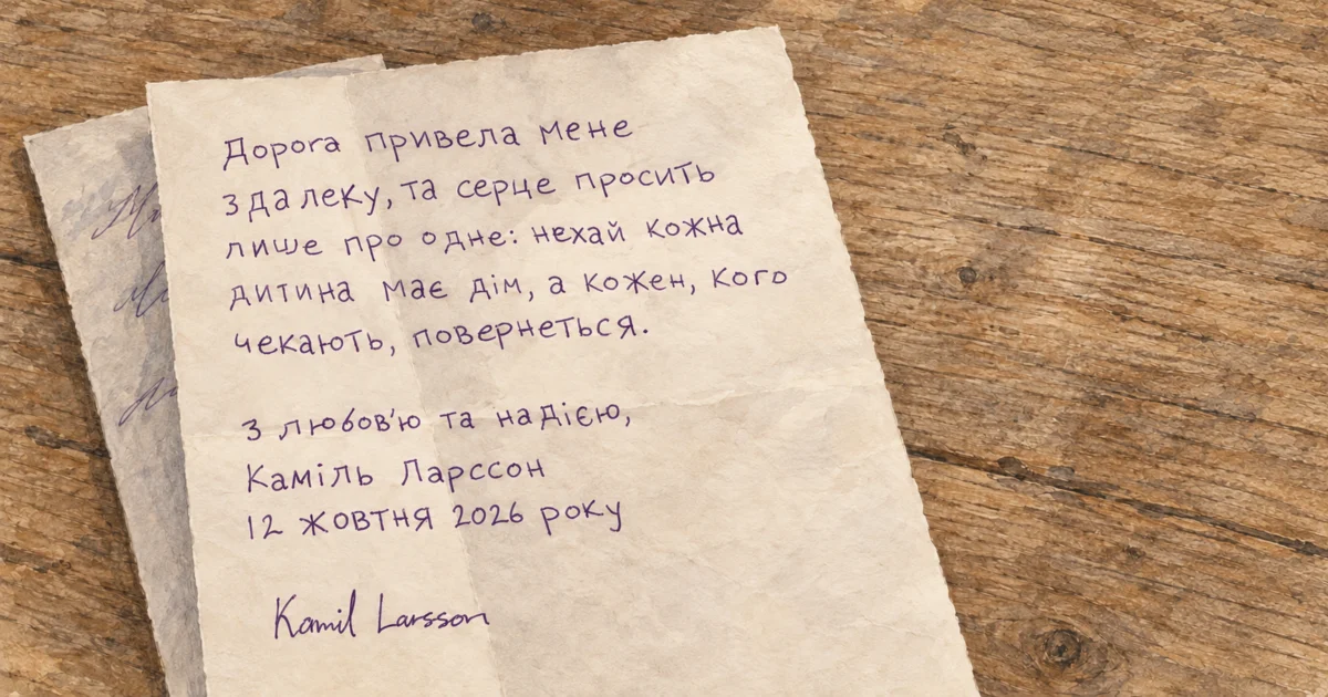 Illustration of my handwritten Ukrainian prayer dated 12 October 2026, signed Kamil Larsson.