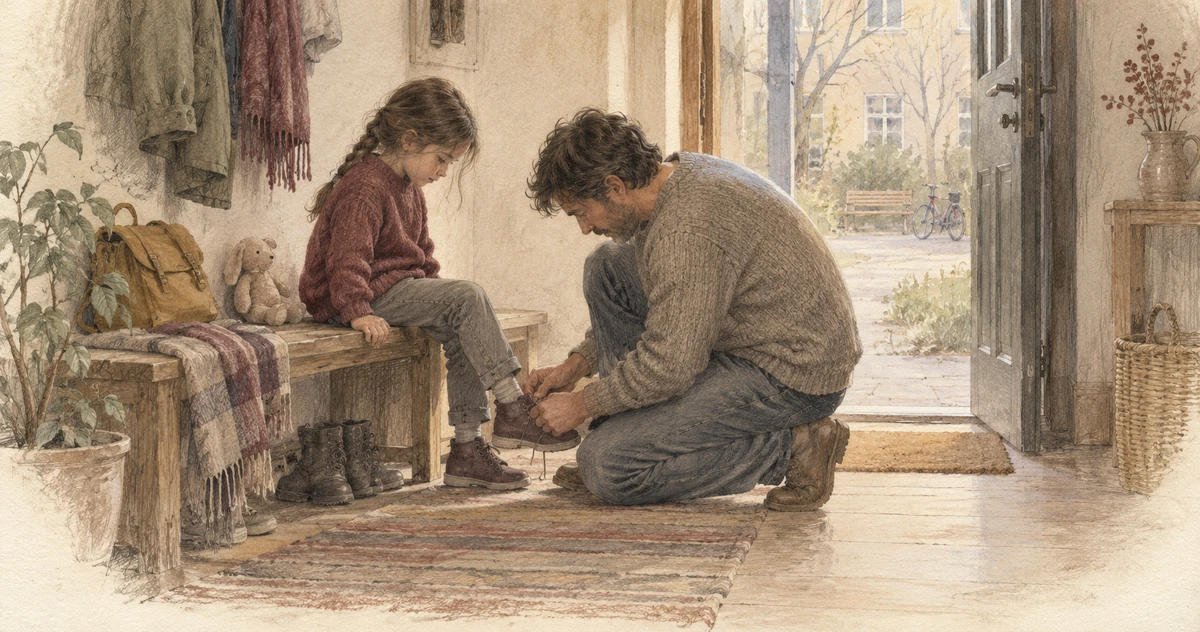 Pencil-and-watercolour illustration of an adult kneeling to tie a child's boot beside a wooden bench and an open doorway.