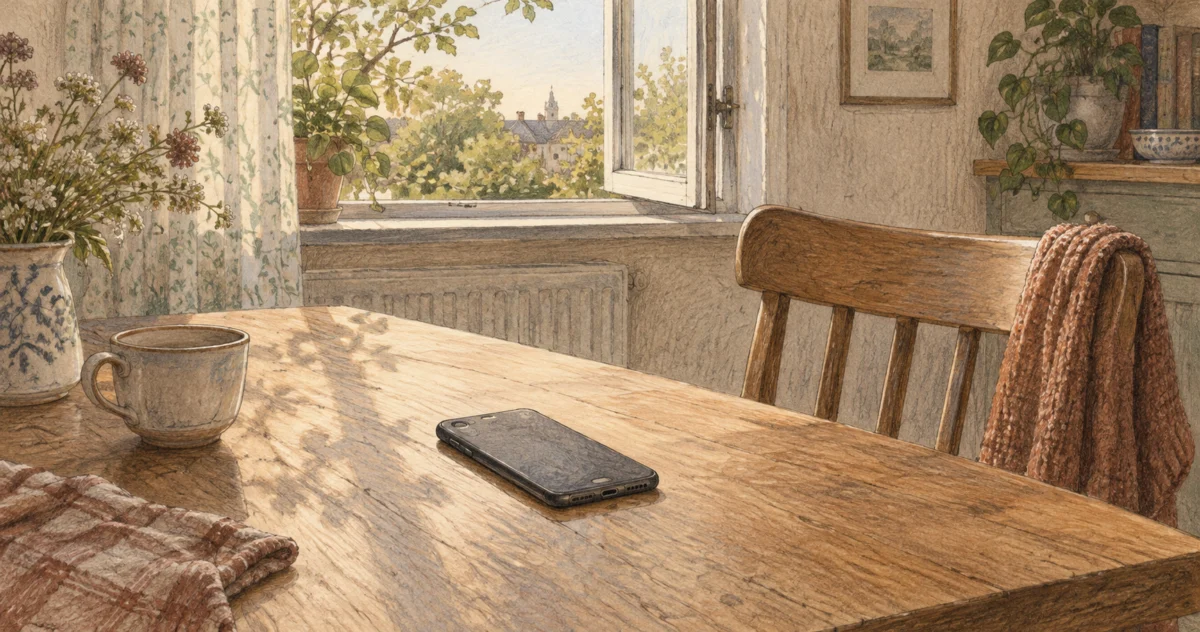 Pencil-and-watercolour illustration of a face-down phone on a wooden table beside an empty chair and an open window.