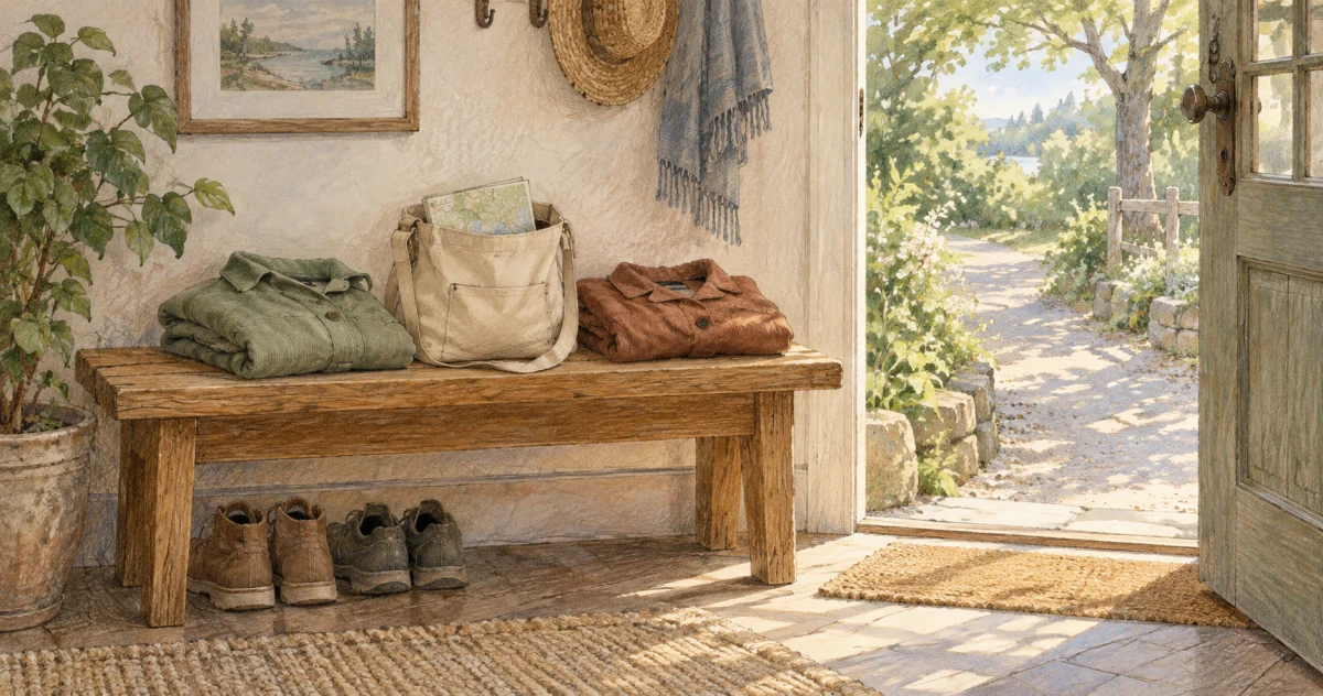 Pencil-and-watercolour illustration of two folded jackets and a day bag on a wooden bench beside an open doorway leading to a sunlit path.